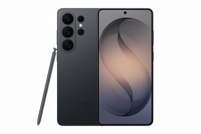 Front and back view of a dark grey Samsung Galaxy S26 Ultra resting with its stylus accessory